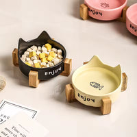 Double Ceramic Cat Bowls on Wooden Stand