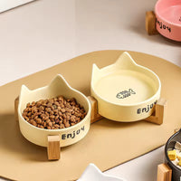 Double Ceramic Cat Bowls on Wooden Stand