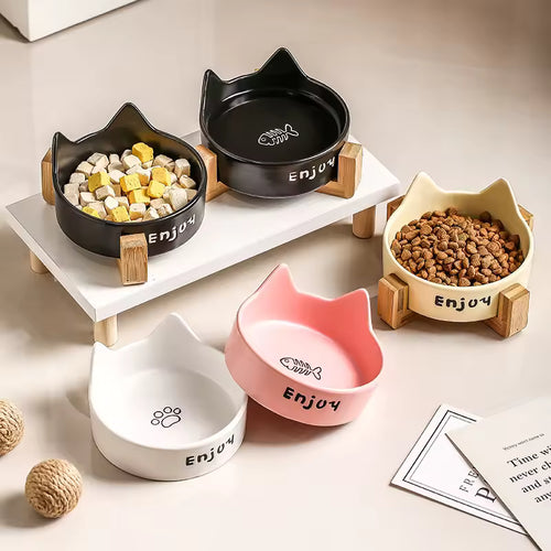 Double Ceramic Cat Bowls on Wooden Stand