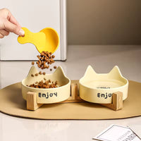Double Ceramic Cat Bowls on Wooden Stand